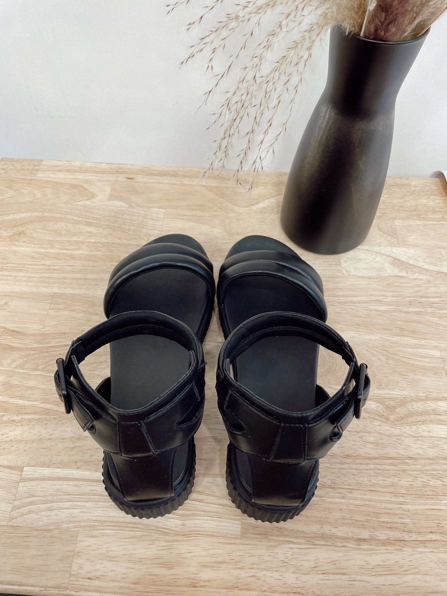 Black Puff Strap Sandals - Arete Style