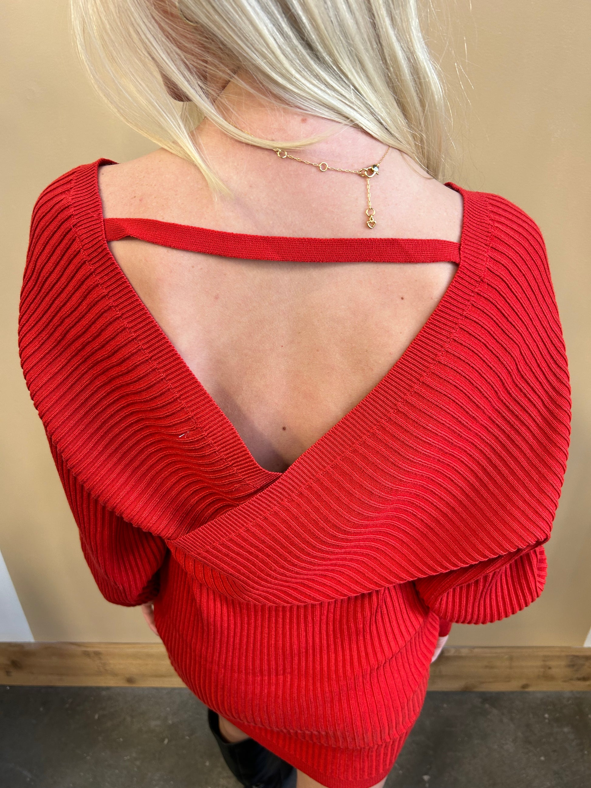 Arete Style Holly Off Shoulder Sweater Dress Red Large